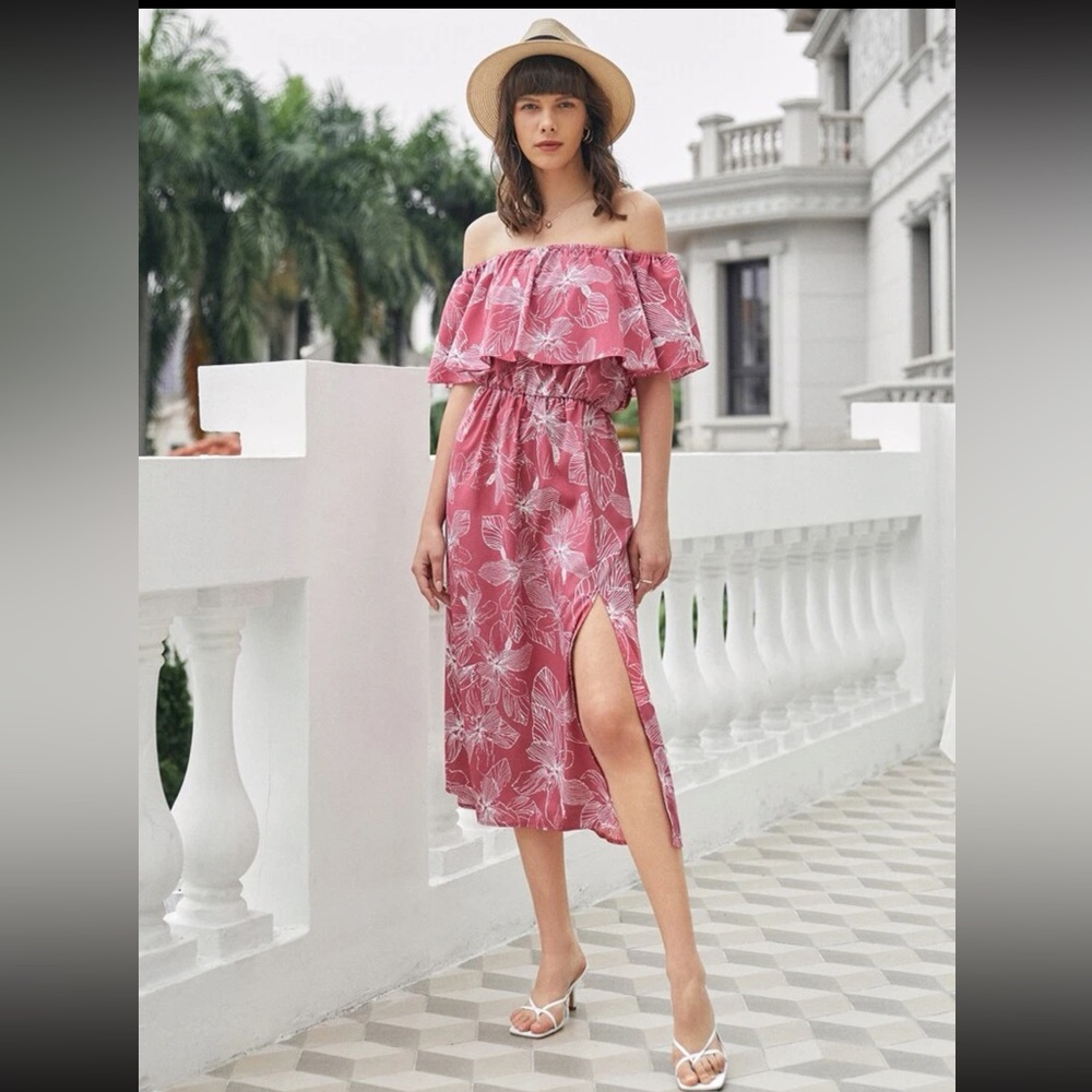 Shein Floral Print Flounce Trim Bardot Dress (US6 - Medium)